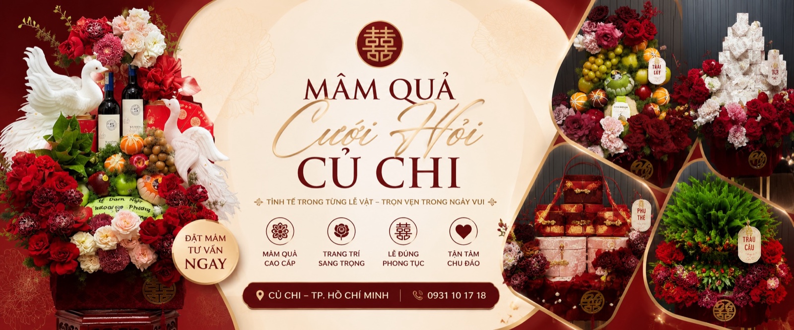 Mâm quả cưới hỏi Củ Chi – Phương Nguyễn Studio: mâm quả cao cấp, trang trí sang trọng, đúng phong tục